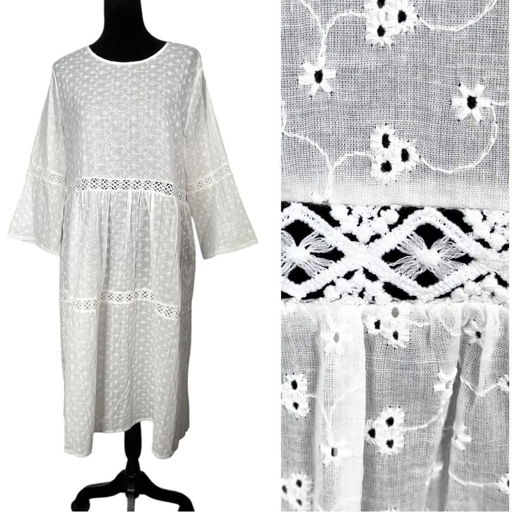 Misslook White Eyelet Dress Cotton Tiered Peasant Prairie Lace Boho Cottage Midi